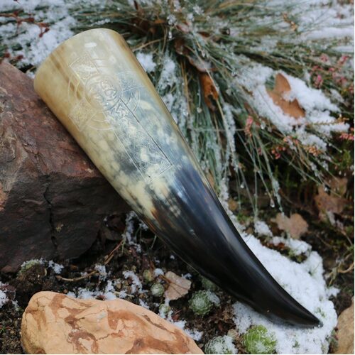 DRINKING HORN - Carved Celtic Cross