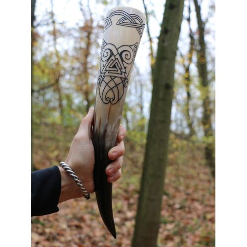 DRINKING HORN - Carved Huginn and Muninn